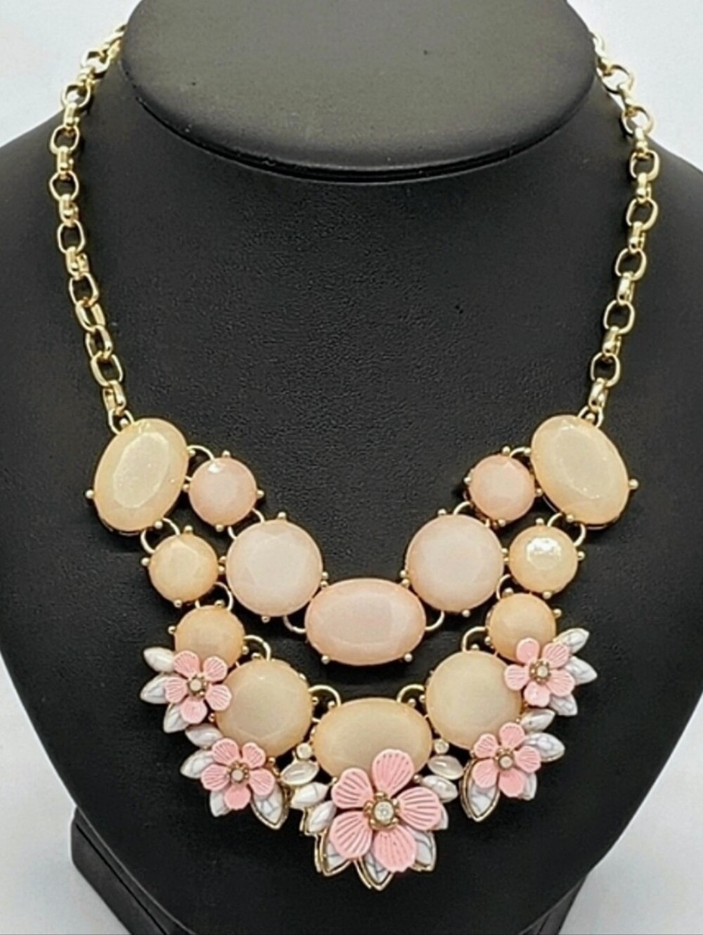 Vintage Designer Statement Bib Necklace - Gold Tone Pink Floral Peach Stone
